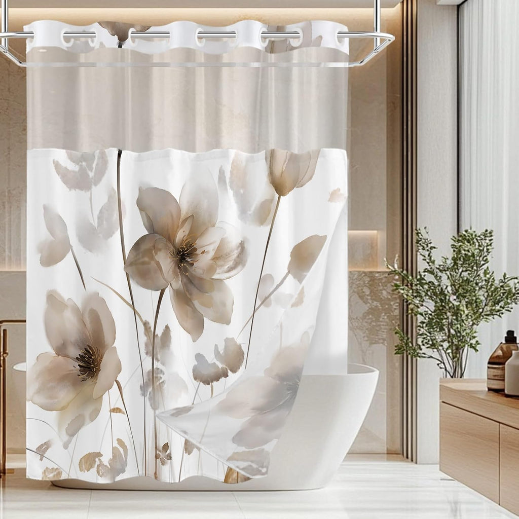No Hook Shower Curtain and Liner Set, Brown Boho Floral 71x74 | Watercolor Boho Flower, with Snap in Liner