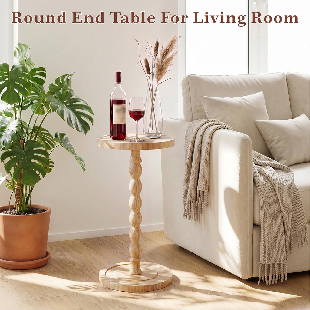 Small Round Side Table, Rubberwood‌ Drink Table for Small Spaces