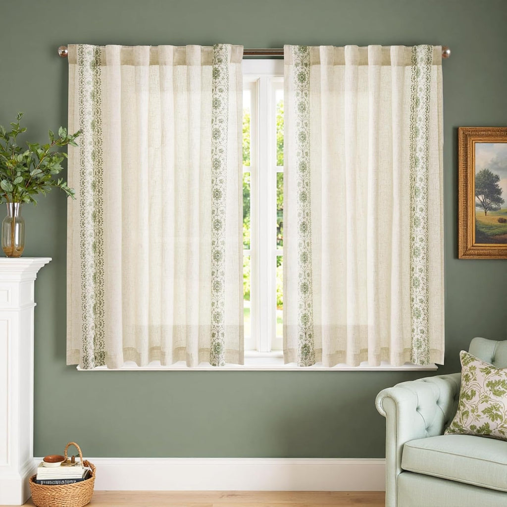 Small Window Curtains Linen Cafe Curtains for Kitchen Bathroom Bordered Floral Embroidered Short