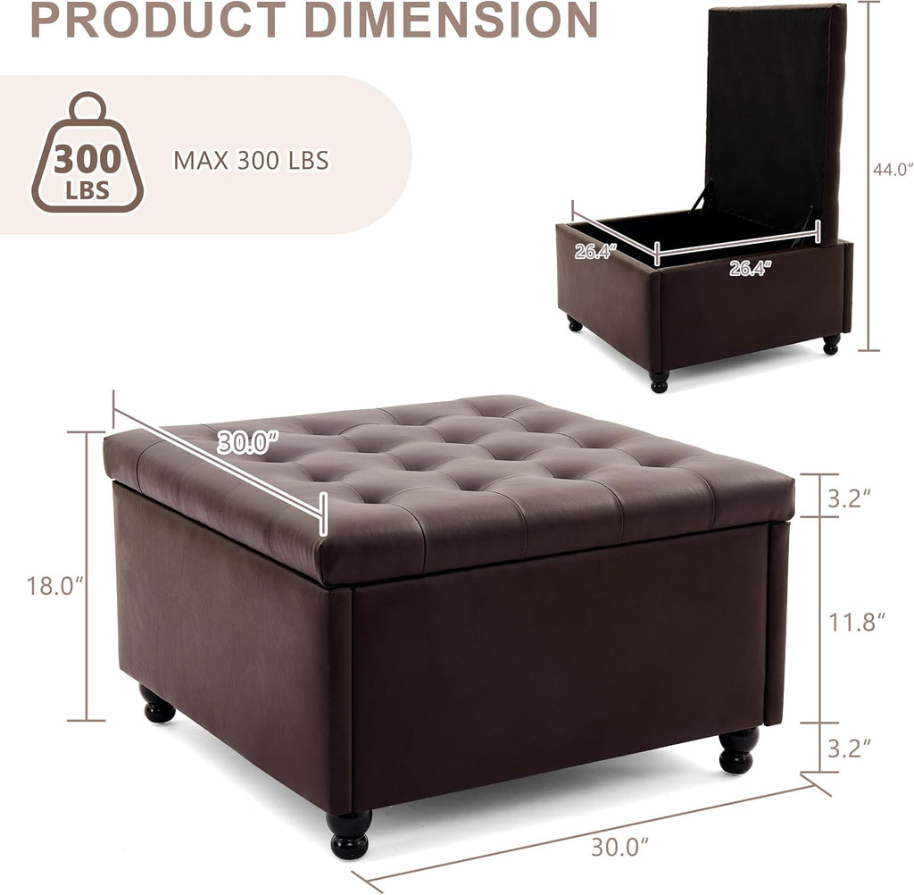 30" Large Square Ottoman with Storage, Leather Ottoman Coffee Table, Brown | Tufted Upholstered Ottoman , Oversized