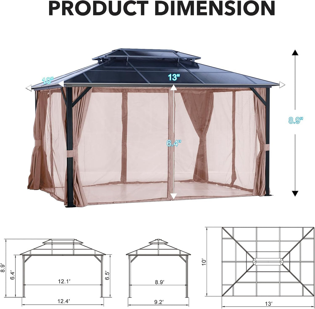 10' X 13' Permanent Hardtop Gazebo, Outdoor Polycarbonate Double Roof Canopy with Breathable Netting & Privacy Curtain