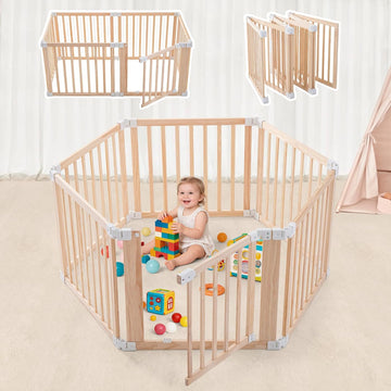 Foldable Wooden Playpen-51x51x25in-Large Baby Gate Playpen with Child-Proof Lock-Easy Assembly, Portable Design for