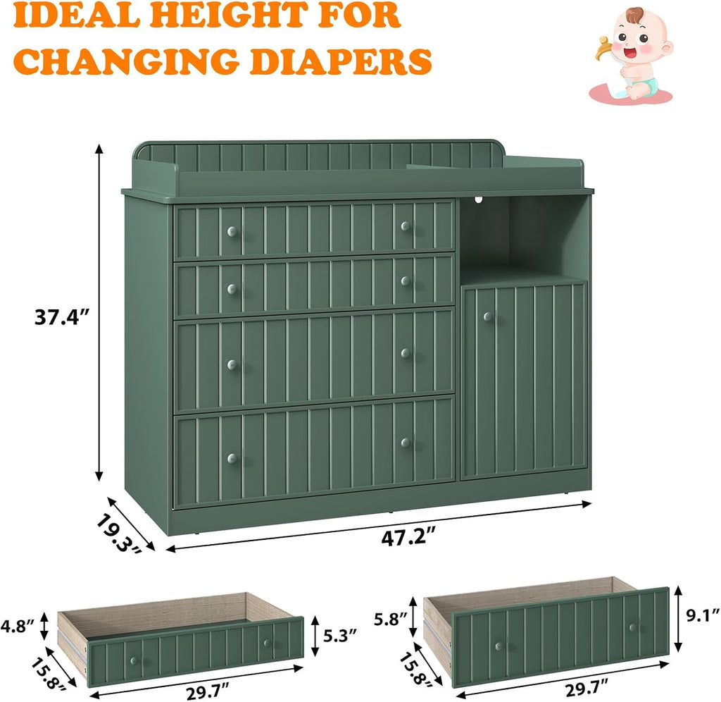 Green Changing Table Dresser | 37 In High Ergonomic, 4 Drawers, Cabinet, Open Space, Routed stripes, Curved Wrapping
