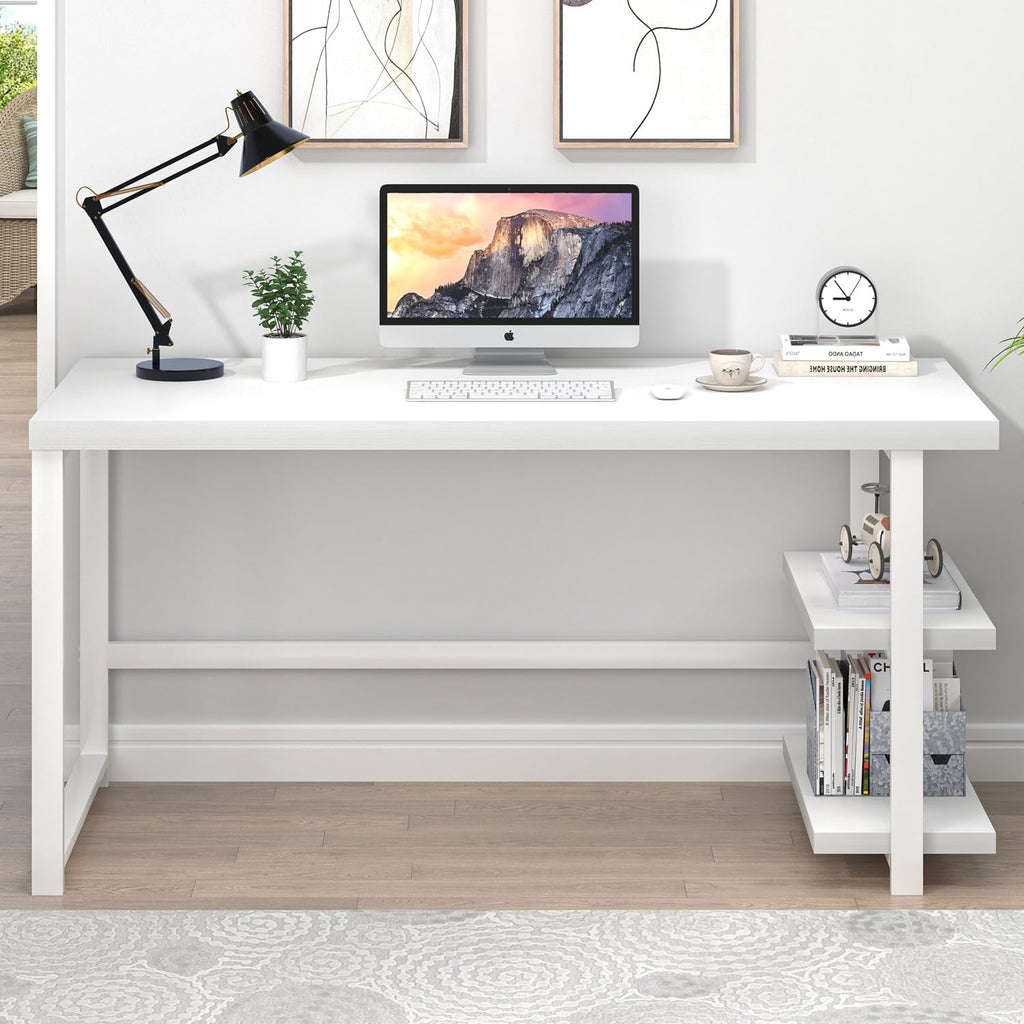 White Computer Desk, Modern Home Office Desk with Storage Shelf, Wood and Metal Writing Study Table Bedroom, 53 Inch