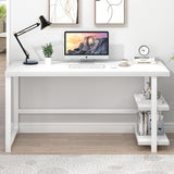 White Computer Desk, Modern Home Office Desk with Storage Shelf, Wood and Metal Writing Study Table Bedroom, 53 Inch