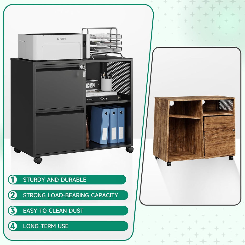 Mobile File Cabinet, Metal Lateral Rolling Printer Stand Filing Cabinets with Shelves -Storage A4/F4 (Black)