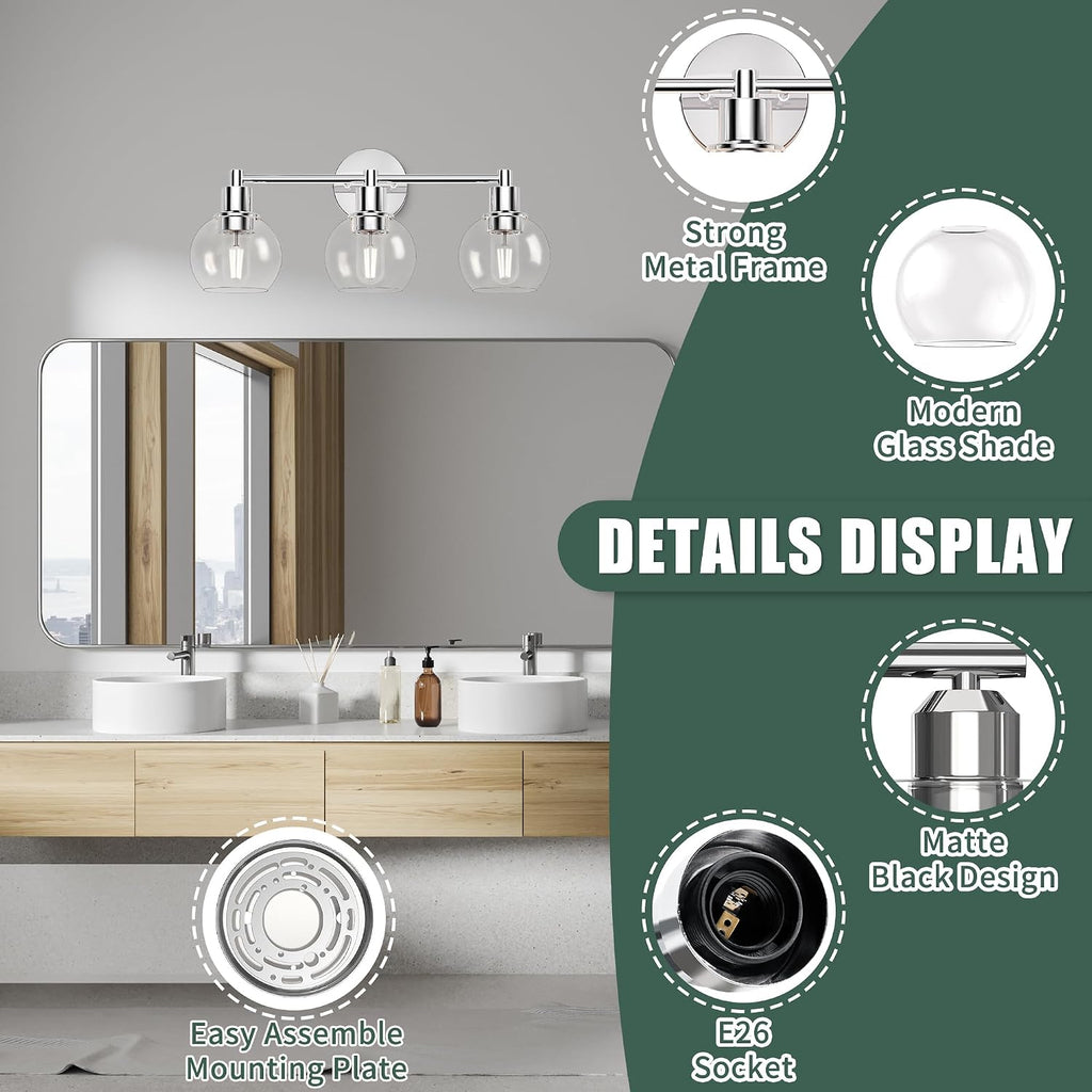 3 Lights Bathroom Vanity Light Fixtures Chrome, Bathroom Lights Over Mirror, Industrial and Farmhouse 3 Light Wall