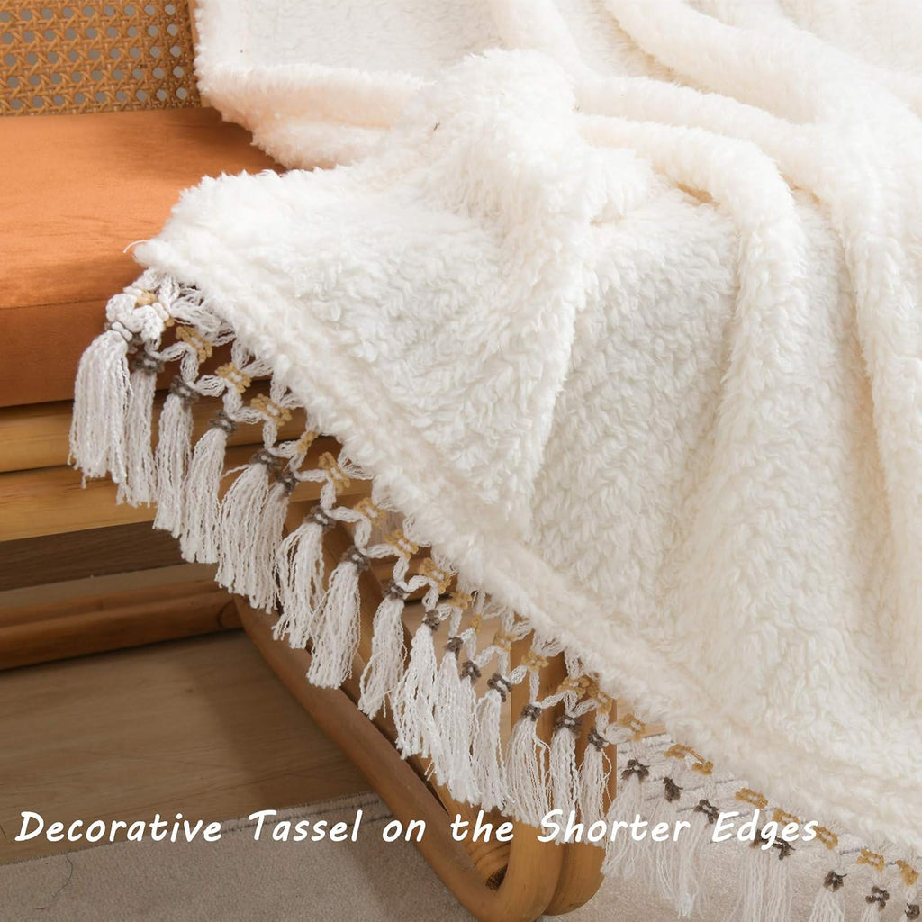 Ultra Soft Cozy Throw Blanket, Light Weight Warm Decorative Throw Blanket with Tassel, Solid Antique White Pattern