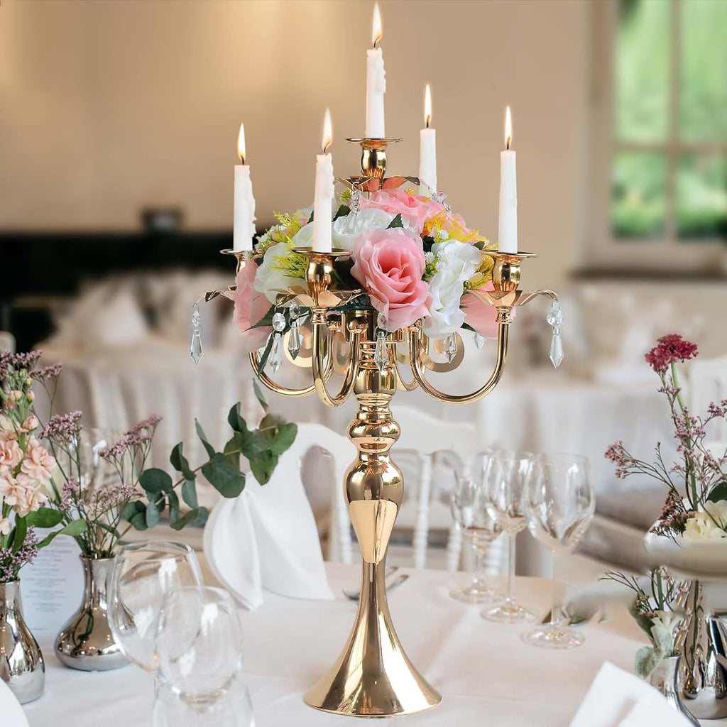 2PCS Gold 5-Arm Candelabra Centerpiece - 20.3" Tall Metal Candle Holdervents, Dining Room, Church Decorations