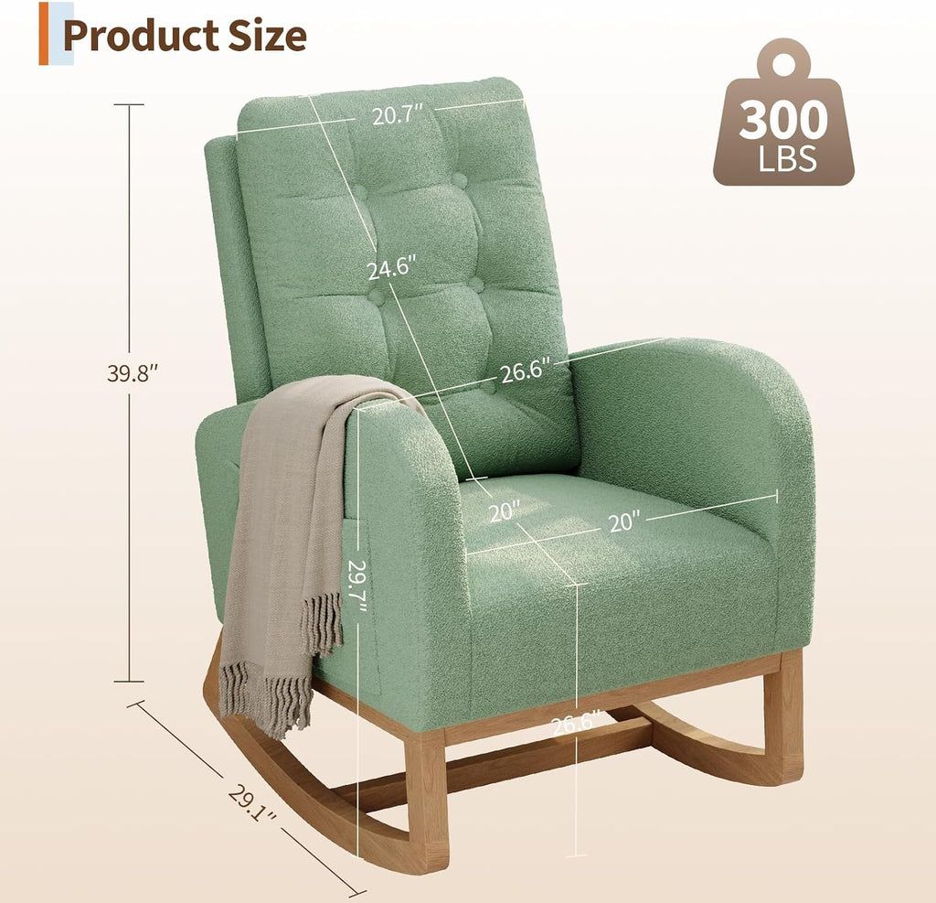 Modern Rocking Chair -Green | Comfortable Recliner Rocker with Side Pocket, Soft Linen Upholstered Glider Chair