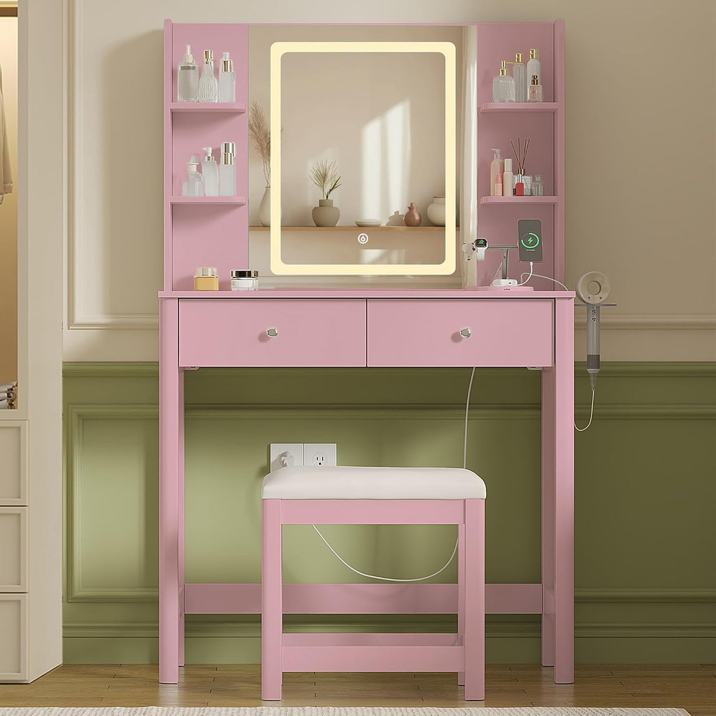 Vanity Desk with LED Mirror, 3 Lighting Modes and Chair | Small Makeup Vanity Table Set with Drawers, Dressing Table