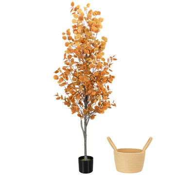 6FT Fall Artificial Eucalyptus Tree with Wicker Basket, Orange Potted Faux Eucalyptus Trees, Autumn Fake Eucalyptus