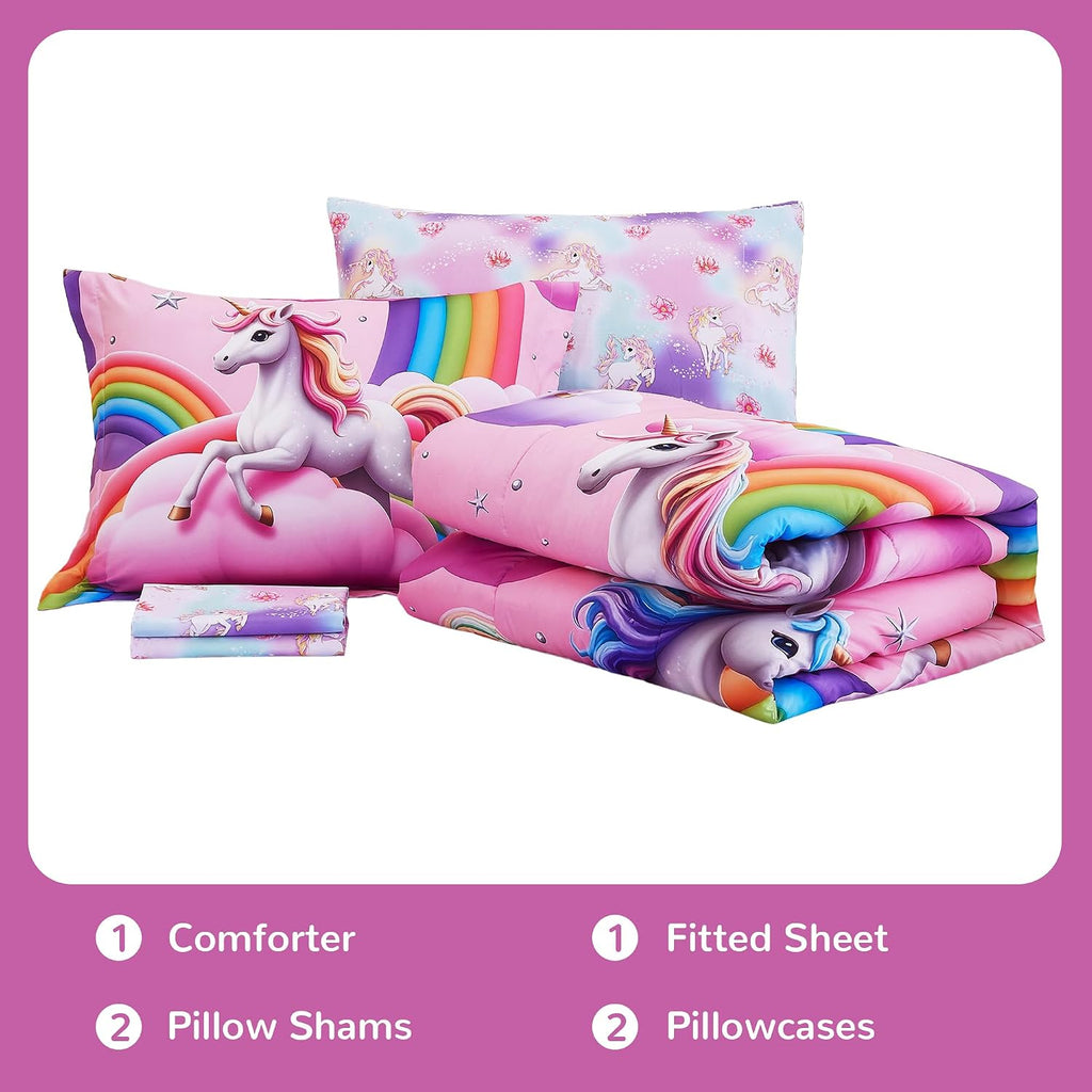 Kids Bedding Sets for Girls, Soft Comforter Set with Sheets, 7 Pieces Microfiber Bed in a Bag, White