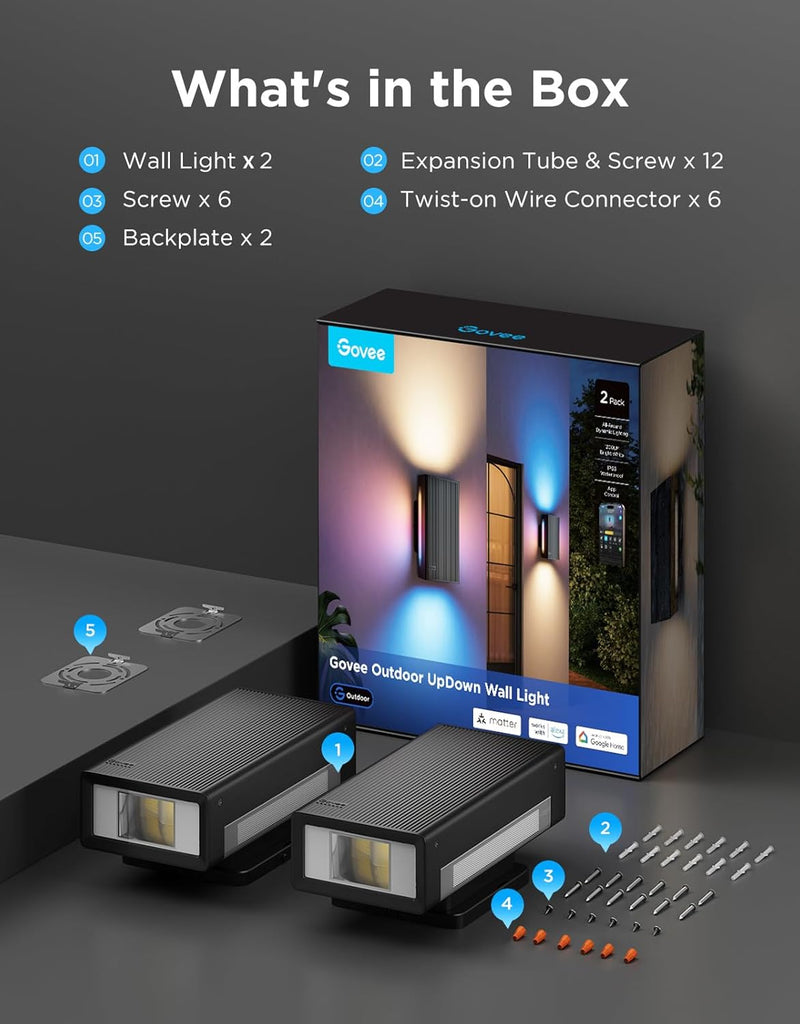 Outdoor UpDown Wall Light, 2 Pack, 1200LM RGBICWW Smart Porch Lights Outdoor with 64 Scene Modes