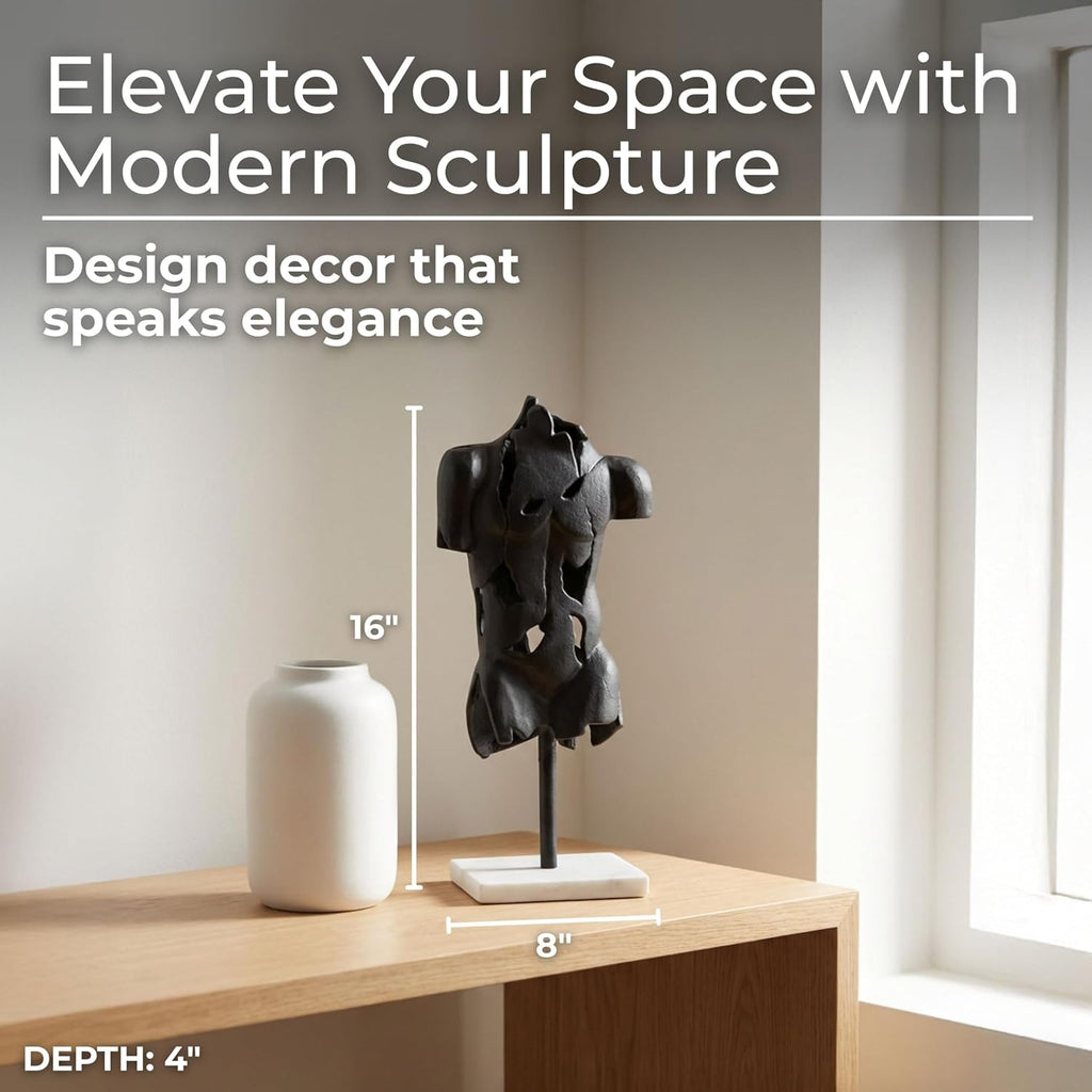 Metal Sculpture Statue - Room Decor Accent for Shelf, Desk, or Entry Placement, Abstract Torso Design on Marble Base