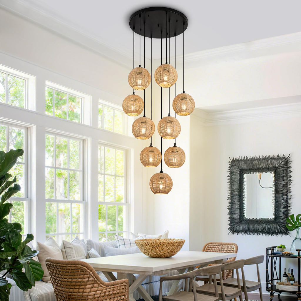 Round 9 Light Boho Pendant Light Rattan Hanging Lamp