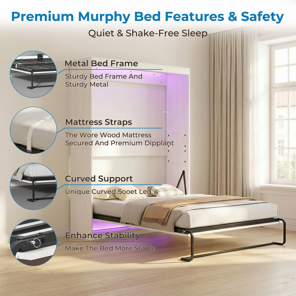 Full Murphy Bed, Cabinet Wall Beds, Modern Vertical Murphy Chest Beds with Durable Gas-Lift, Space-Saving Hidden