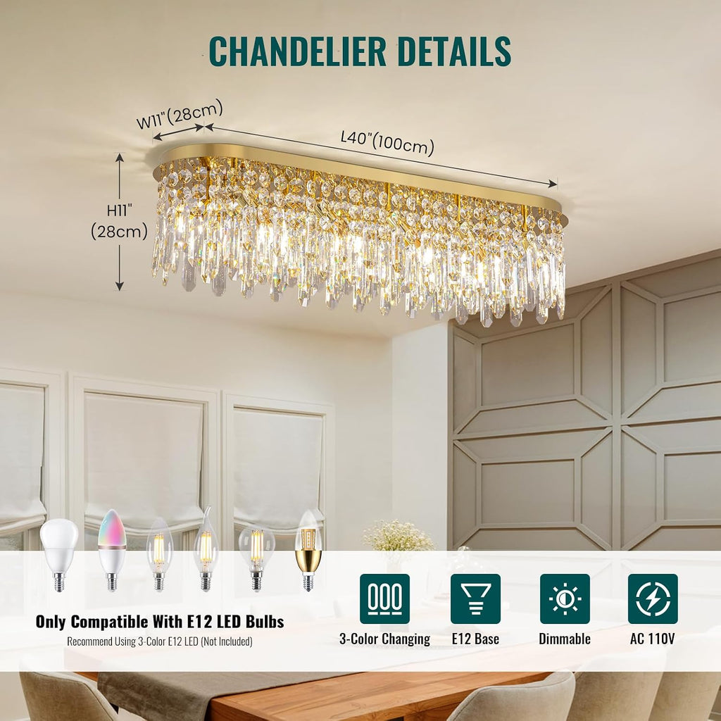40'' Gold Crystal Chandelier for Dining Room, 10-Light Modern Flush Mount Crystal Ceiling Light, Luxury Dimmable K9