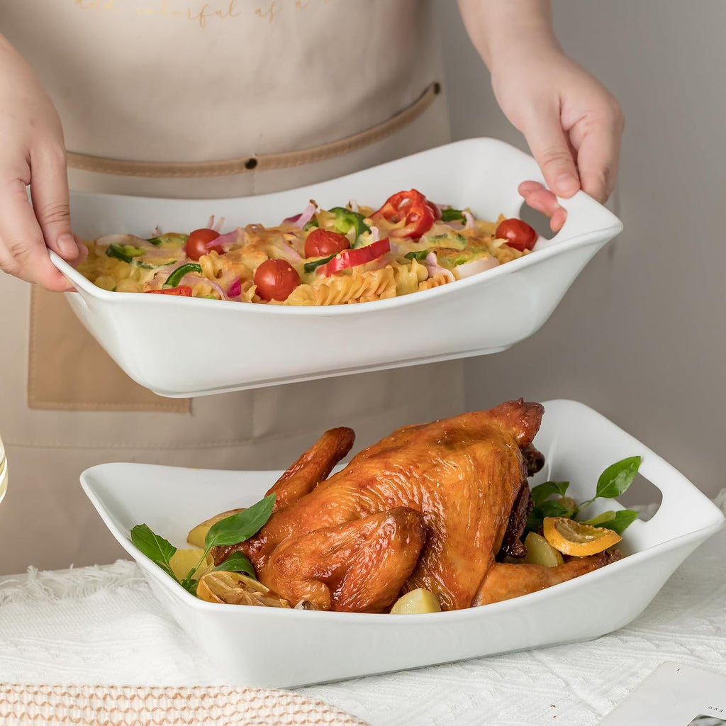 Large Serving Bowls with Handles, Serving Dishes For Entertaining | White Serving Dishes, 1.5 Quarts Ceramic Bowl Set