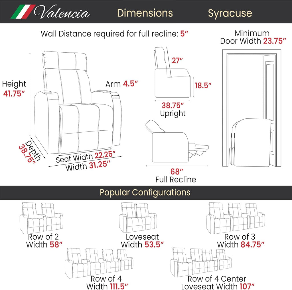 Syracuse Home Theater Seating | Premium Top Grain Nappa 9000 Leather, Power Recliner, LED Lighting (Row of 4, Black)