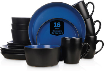 Albie Stoneware 16-Piece Modern Dinnerware Set, Kitchen Plates and Bowls Sets, Service for 4, Blue and Black