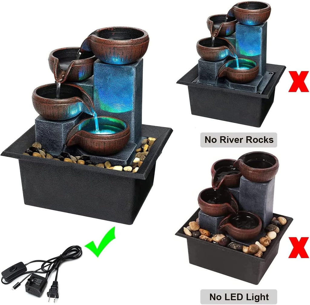 Small Indoor Relaxation Tabletop Fountain, Zen Meditation Waterfall Feature with Color LED Light & Natural Rocks, 4