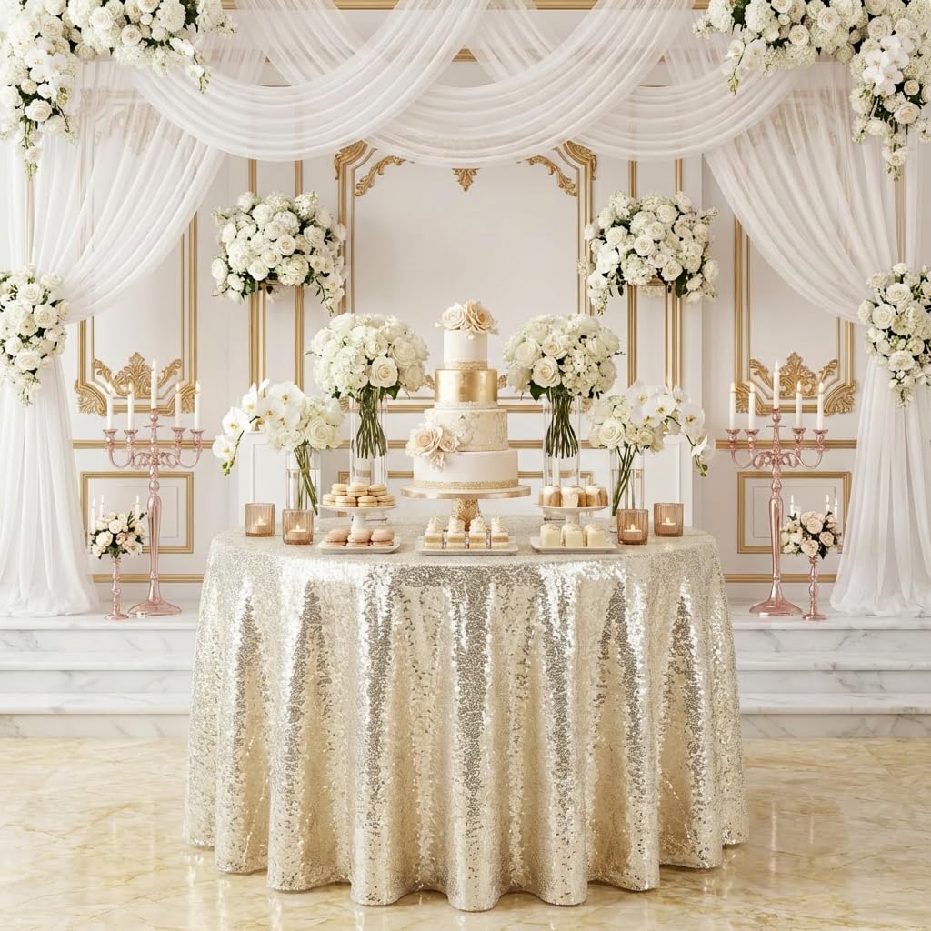 72 Inch Round Champagne Sequin Tablecloth