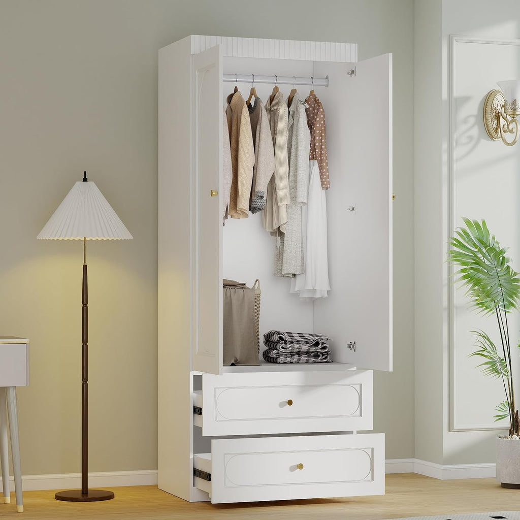 Bedroom Armoire Wardrobe Closet, 75" Tall Wardrobes Closet with 2 Drawers and 2 Doors, Wooden Clothes Cabinets