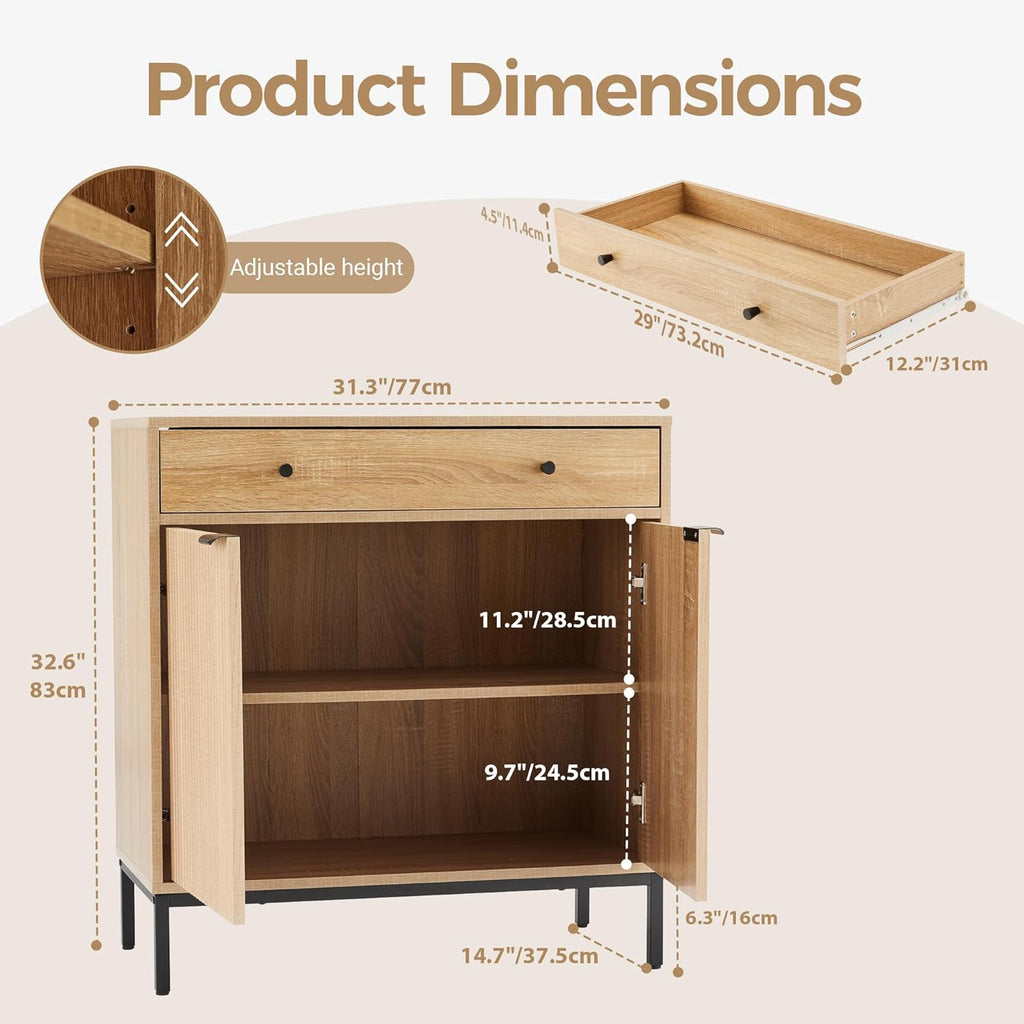 31 inch Sideboard Buffet Cabinet with Drawer, Modern Fluted Credenza with 2 Doors & Adjustable Shelf