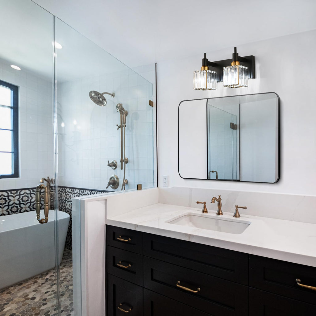 Modern Crystal Bathroom Vanity Light 2-Lights Black and Gold Bathroom Light Fixtures Over Mirror Bath Wall Sconce