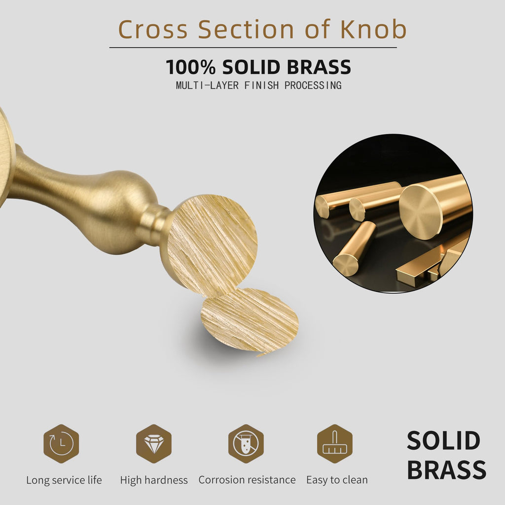 Solid Brass Kitchen Cabinet knobs 6 Pack, Brushed Gold Drop Pulls for Dresser and Drawers, Modern Cupboard Wardrobe