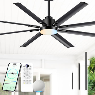 72 Inch Smart Ceiling Fan with Light, Industrial 8-Blade Black Aluminum Metal Outdoor Ceiling Fan