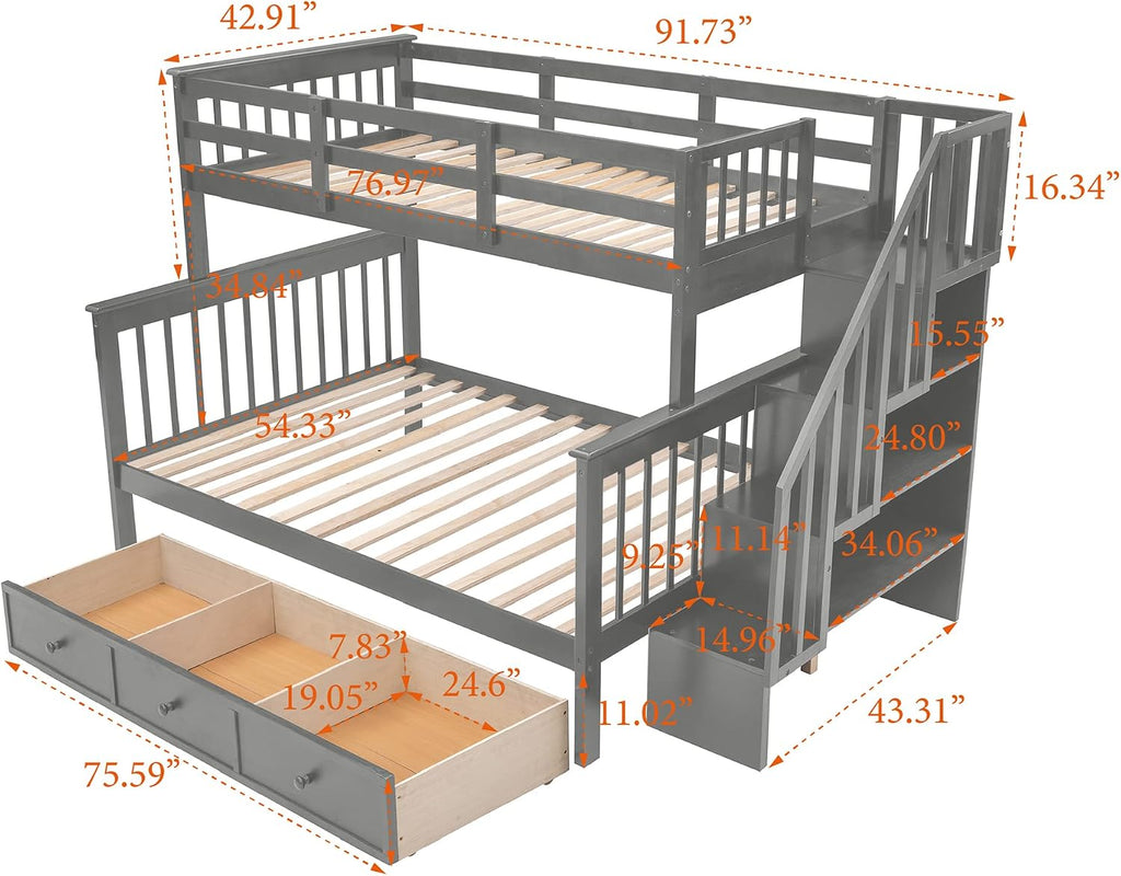 Twin Over Full Stairway Bunk Bed with Drawers