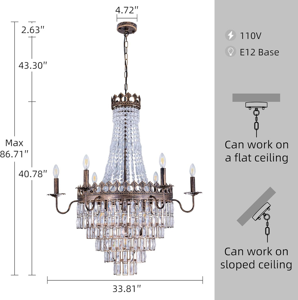 French Empire Crystal Chandelier, 13-Light Bronze Luxury Crystal Chandelier, Traditional Court Chandelier For Living Room, Dining Room, Bedroom, Drawing Room, Foyer, Hallway, Restaurant, 33''W