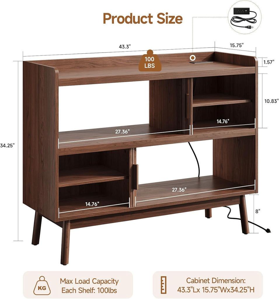 44" Sideboard Buffet Cabinet with Outlet & 2 Open Storage Spaces
