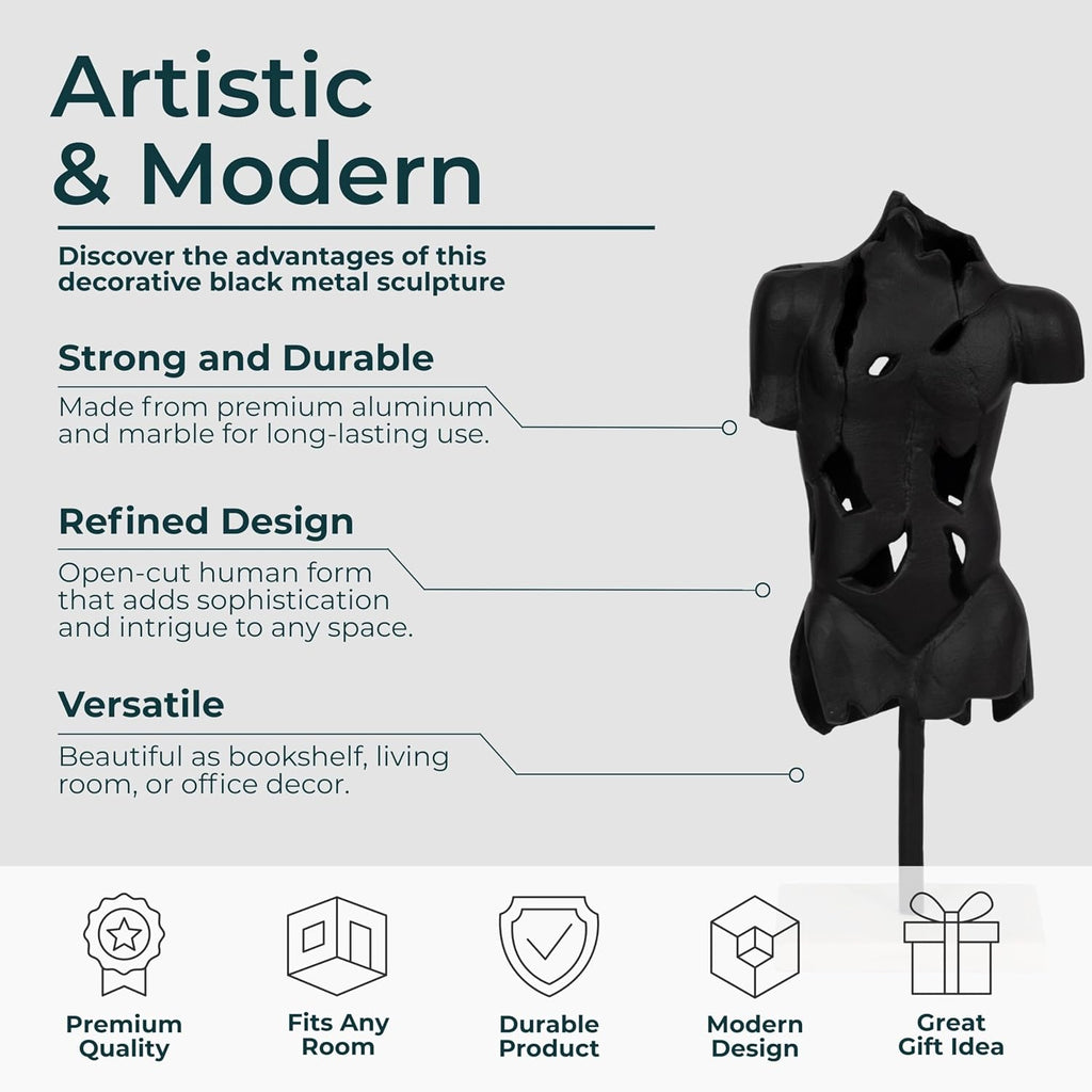 Metal Sculpture Statue - Room Decor Accent for Shelf, Desk, or Entry Placement, Abstract Torso Design on Marble Base