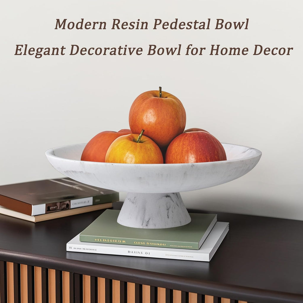 Modern Resin Pedestal Decorative Bowl, Large Fruit Bowl Counter, Stylish Key Bowl Table, Marble white