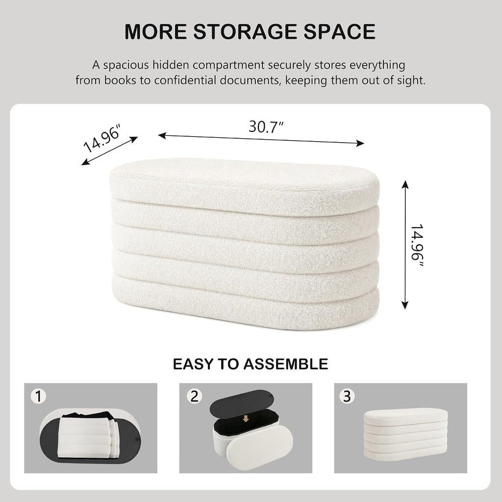 Oval Storage Ottoman Bench, 30 Inches Entryway Shoe Seat | Upholstered Ottoman with Storage, End of Bed Stool Blanket