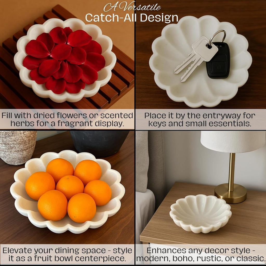 HandCrafted Marble Decorative Bowl | White Ruffle Scalloped Fluted Key/Fruit Ring Dish | Organic Modern Home Decor (6