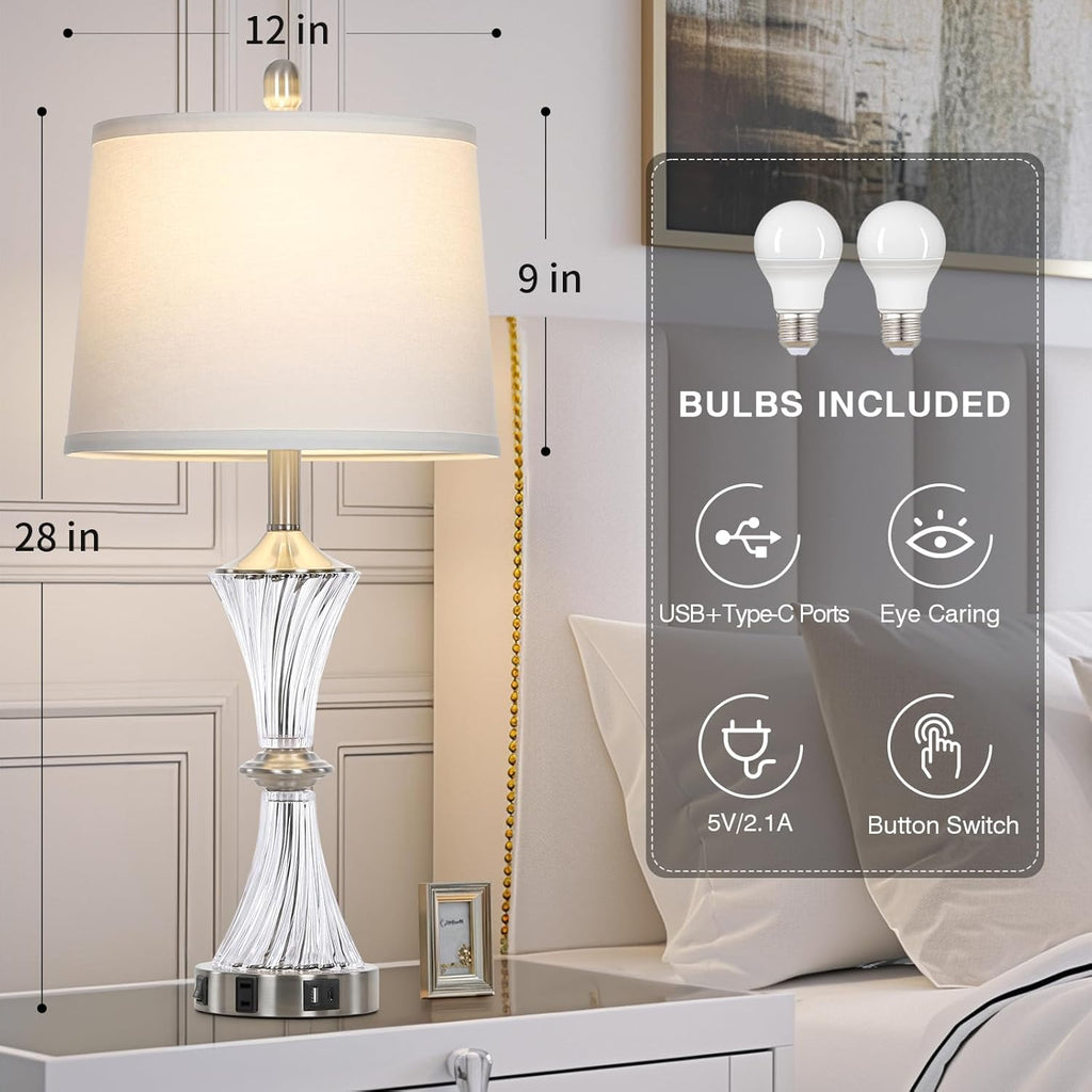 Crystal Glass Table Lamp with USB C+A Ports & AC Outlet,White Clear Modern Bedroom Lamp