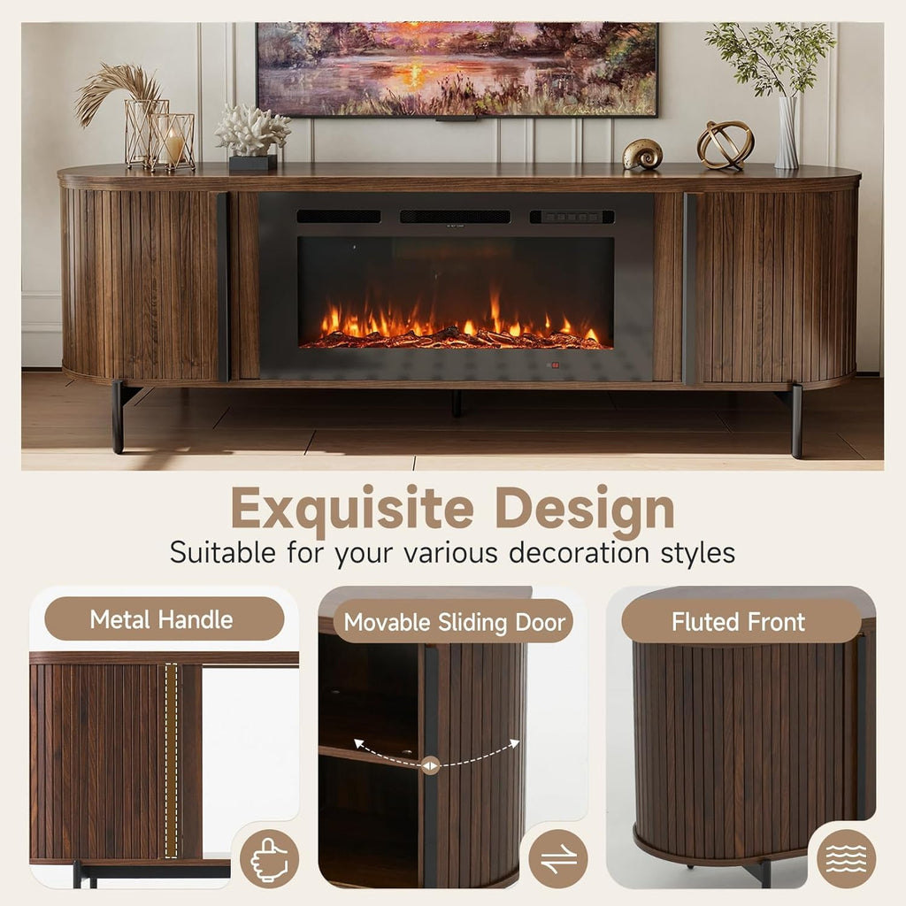 70" Fluted TV Stand with Fireplace, Mid Century Modern TV Stand, Entertainment Center for TVs Up to 80"