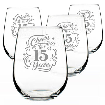Cheers to 15 Years Stemless Wine Glass 15th Anniversary - 17 oz - Set of 4