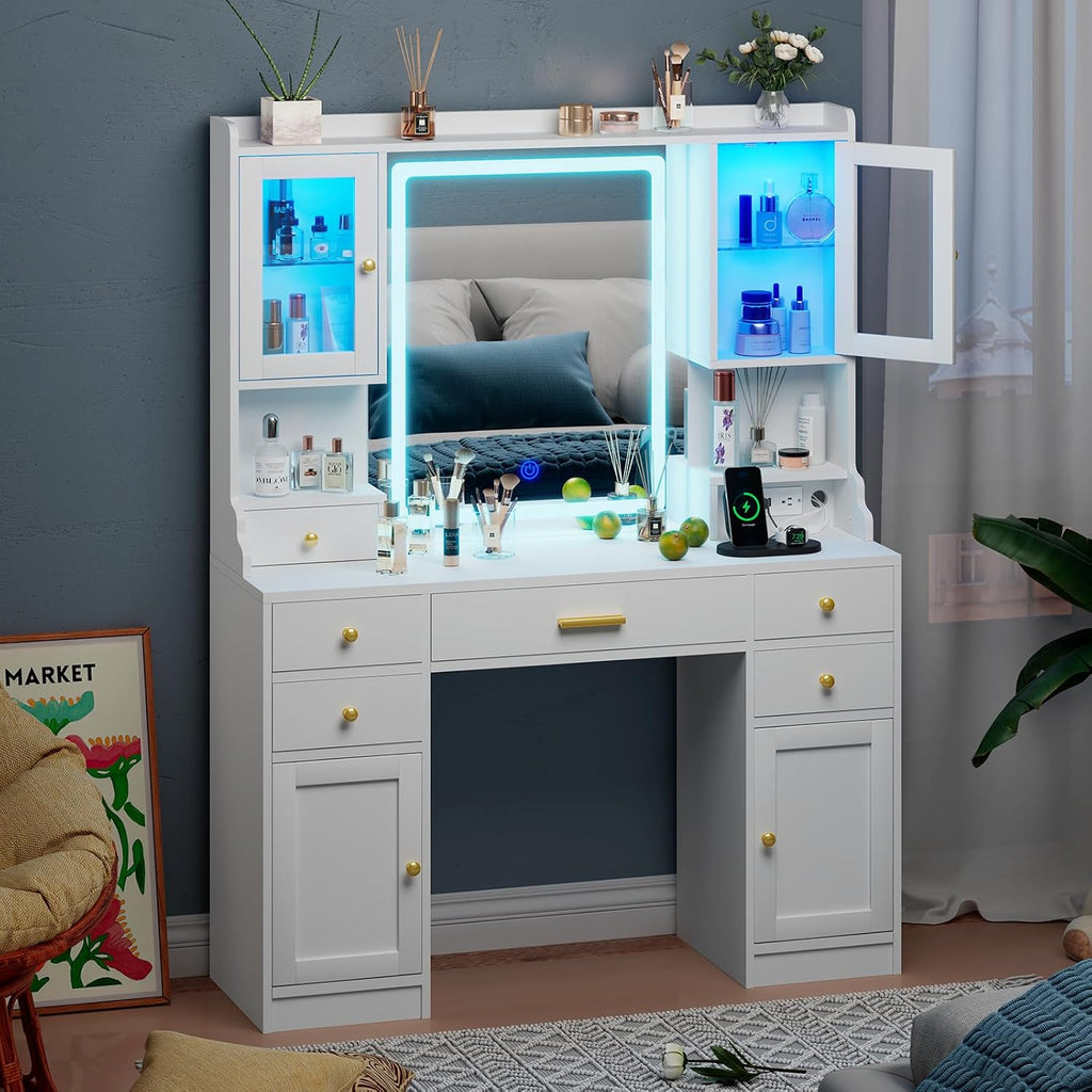 White Makeup Vanity Desk with LED Mirror & RGB Cabinets | Vanity Table with Charging Station and 6 Storage Drawers