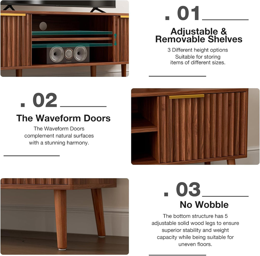 TV Stand with Fluted Doors for TVs up to 65", Mid-Century, Walnut | 54.3"W 15.3"D 19.6"H, 150 lbs capacity, 2 fluted