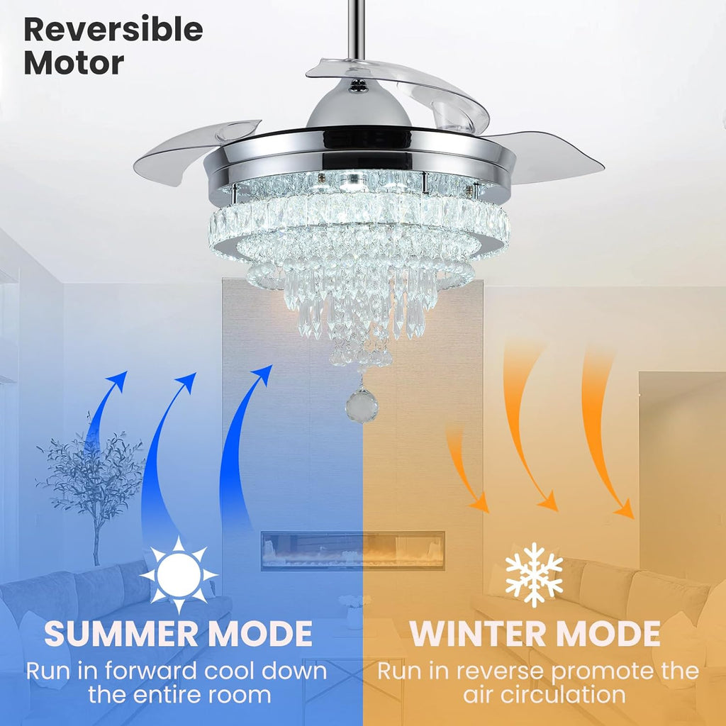 42" Modern Crystal Chandelier Ceiling Fan with Light & Remote,Dimmable LED Fandelier ,3 Color Temperatures,6 Speeds