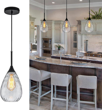 6.3" Glass Pendant Lights Kitchen Island,Modern Black Pendant Lights with Clear Water Ripple Glass Shade,1-Light