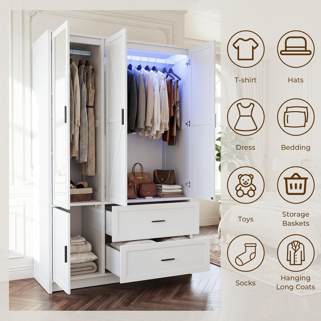 Wooden Wardrobe Closet Armoire with 3 Doors, White Storage Cabinet with Mirror and Led Lights, Bedroom Large Capacity