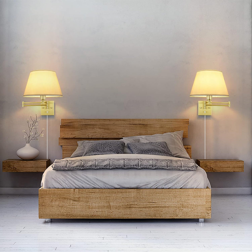 Dimmable Wall Sconce Plug in, Brushed Brass Wall Sconces Set of 2 Swing Arm Wall Lights with Plug in Cord and Dimmer
