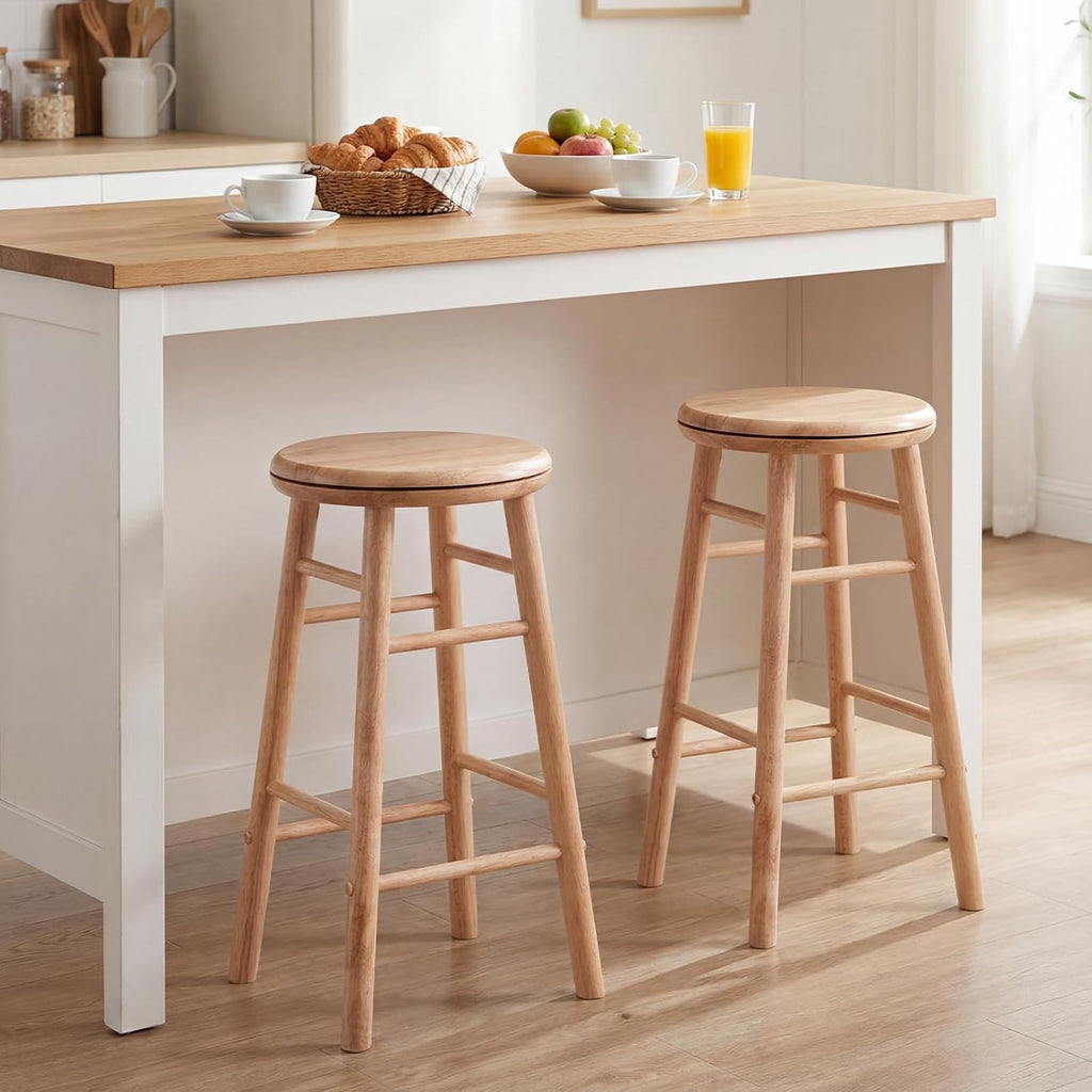 Wooden Swivel Round Bar Stools Set of 2, 24-inch Height Backless Counter Chairs with Footrest, 330Lbs Sturdy