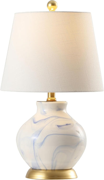 20.5" Blue/White Marbleized Ceramic Table Lamp, Contemporary Traditional Bedside Lamp, Gold Accents